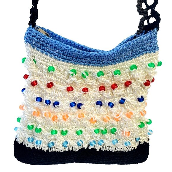 Handmade Handbags - Crocheted Beaded Crossbody Purse Soda Can Beer Tab Strap Black White Blue